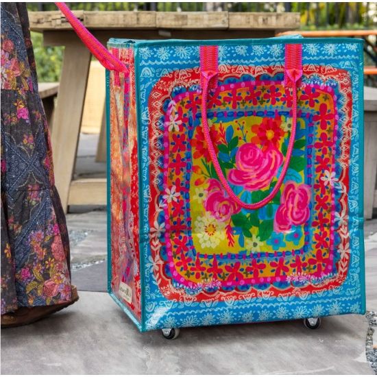 XL Rolling Floral Tote Bag with Wheels – Teal Flower Bouquet