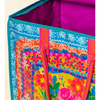 XL Rolling Floral Tote Bag with Wheels – Teal Flower Bouquet