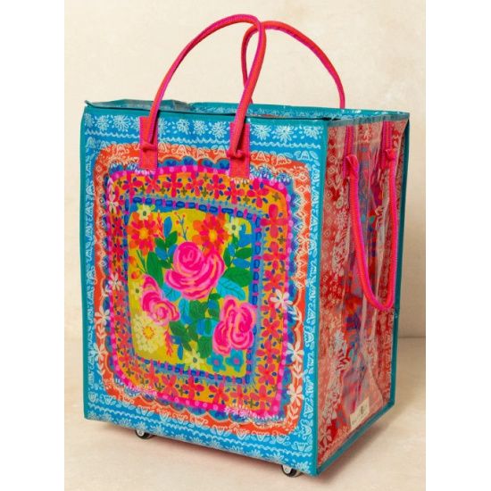 XL Rolling Floral Tote Bag with Wheels – Teal Flower Bouquet