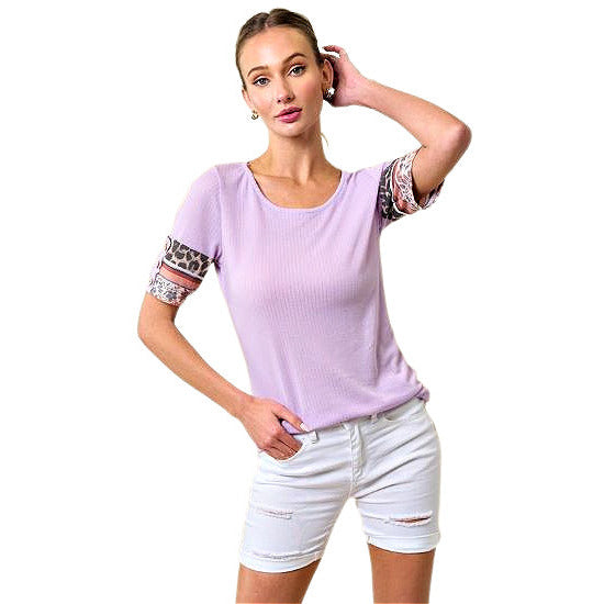 Lavender Ribbed Top with Contrast Sleeves