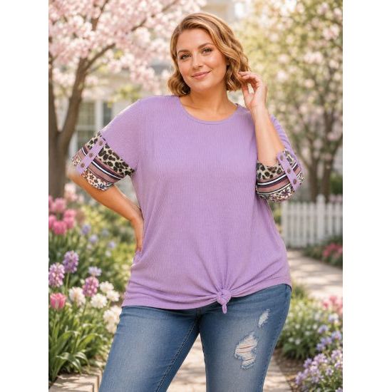 Lavender Ribbed Plus Top with Contrast Sleeve Detail