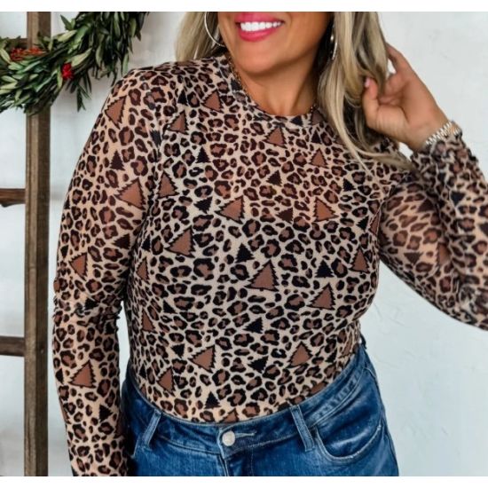 Leopard Christmas Tree Mesh Top