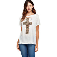 Laser Cut Tee with Leopard Print Cross - Rhinestone Gal