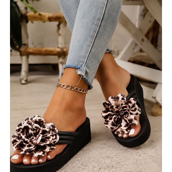Leopard Flower Platform Flip Flops