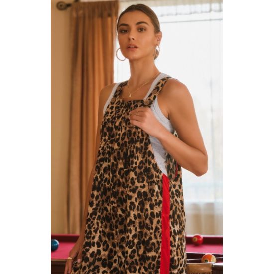 Leopard Print Overall Jumpsuit with Red Side Stripe