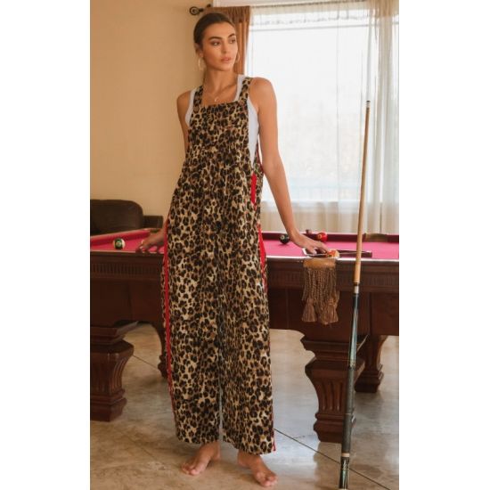 Leopard Print Overall Jumpsuit with Red Side Stripe