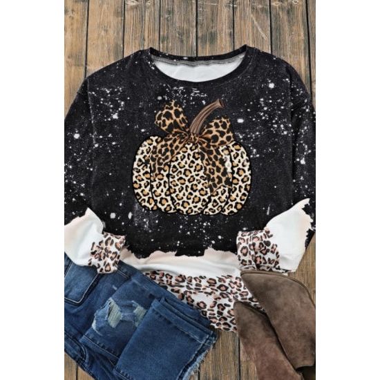 Bow Pumpkin Leopard Bleached Sweatshirt