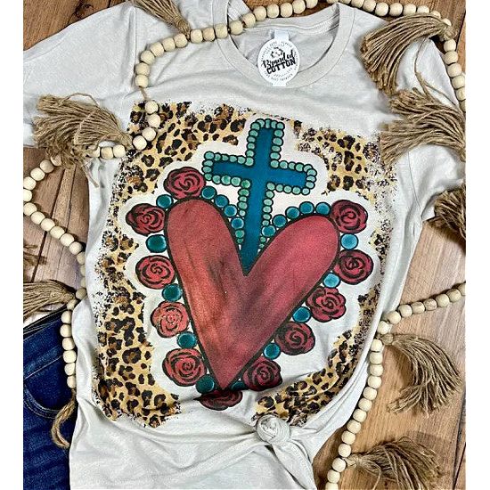 Leopard Sacred Heart Tee - Rhinestone Gal