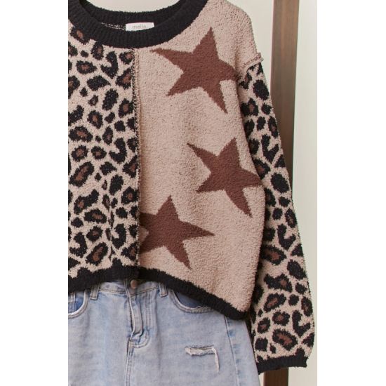 Leopard & Star Patchwork Sweater – Soft Cozy Relaxed Fit Pullover