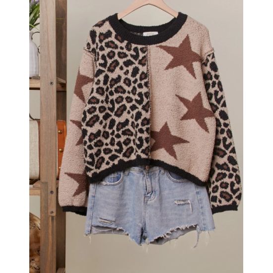 Leopard & Star Patchwork Sweater – Soft Cozy Relaxed Fit Pullover