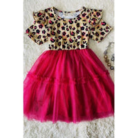 Leopard Print Ruffle Sleeve Dress with Hot Pink Tulle Skirt