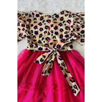 Leopard Print Ruffle Sleeve Dress with Hot Pink Tulle Skirt