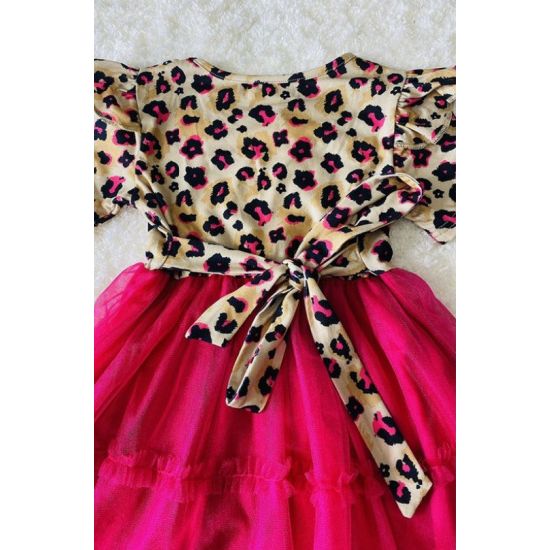 Leopard Print Ruffle Sleeve Dress with Hot Pink Tulle Skirt