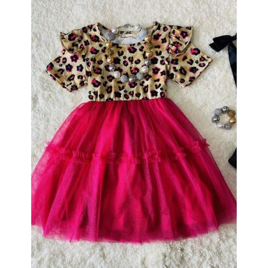 Leopard Print Ruffle Sleeve Dress with Hot Pink Tulle Skirt