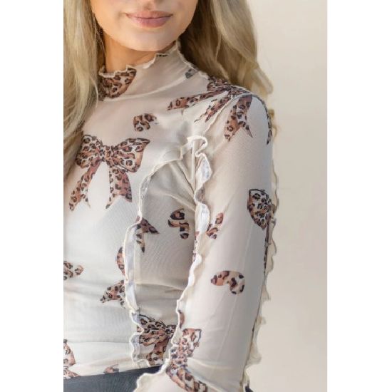 Leopard Bow Mesh Mock Neck Top – Sheer Long Sleeve