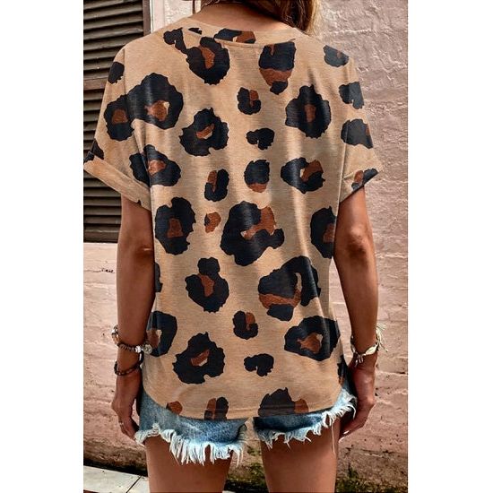 French Beige Leopard Print V-Neck Henley Top
