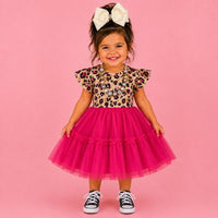 Leopard Print Ruffle Sleeve Dress with Hot Pink Tulle Skirt