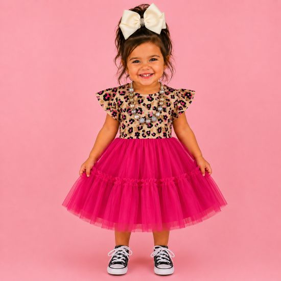 Leopard Print Ruffle Sleeve Dress with Hot Pink Tulle Skirt