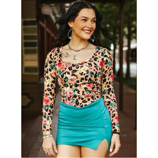 Leopard Floral Print Ribbed Square Neckline Top