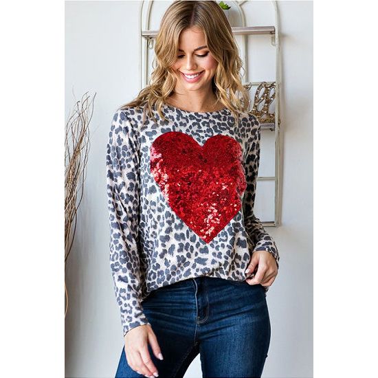 Animal Print Top with Red Sequin Heart