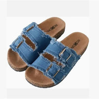Frayed Blue Double Buckle Cork Sandals