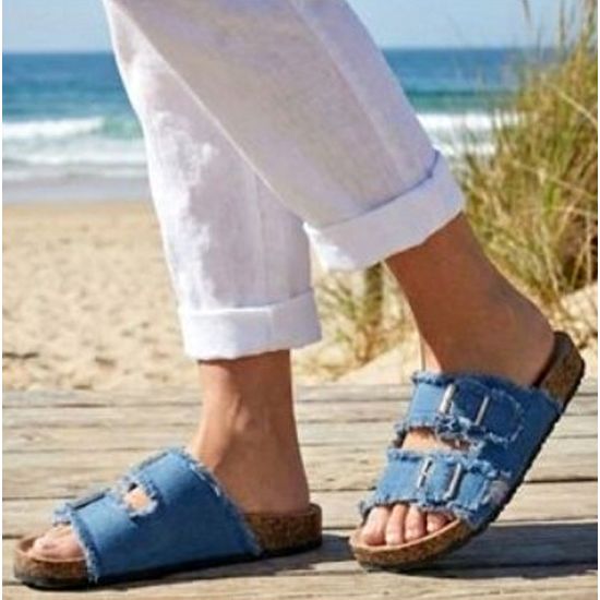 Frayed Blue Double Buckle Cork Sandals