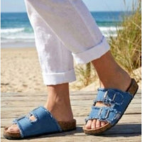 Frayed Blue Double Buckle Cork Sandals