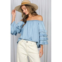Light Denim Off-The-Shoulder Ruffle Sleeve Top