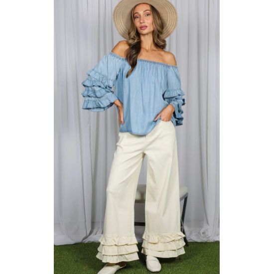Light Denim Off-The-Shoulder Ruffle Sleeve Top