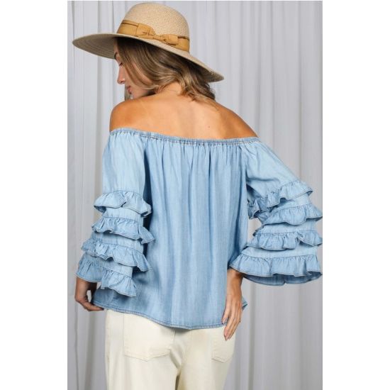 Light Denim Off-The-Shoulder Ruffle Sleeve Top