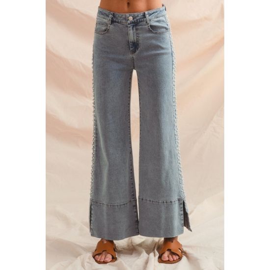 Pearl Embellished Flare Jeans – Light Denim