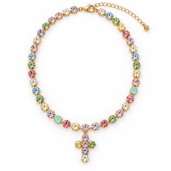 Light Multi Rhinestone Cross Necklace