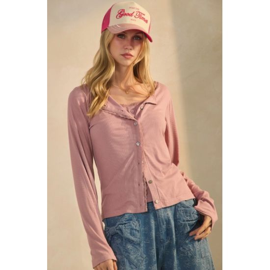 Light Rose Lace-Trim Jersey Cardigan