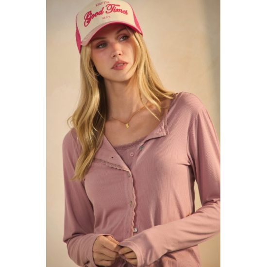 Light Rose Lace-Trim Jersey Cardigan