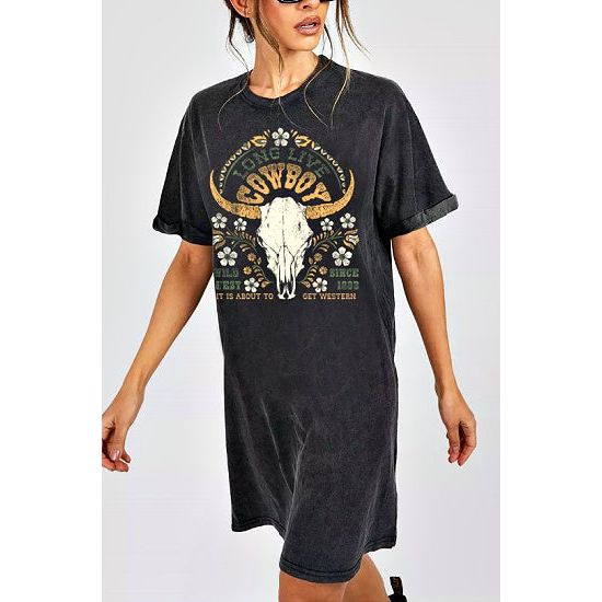 Long Live Cowboy Graphic Mineral Tee Shirt Dress - Rhinestone Gal