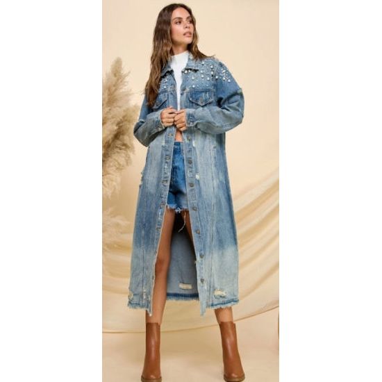 Glam Studded Long Denim Coat