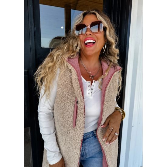 Mauve Reversible Sherpa & Puffer Long Vest