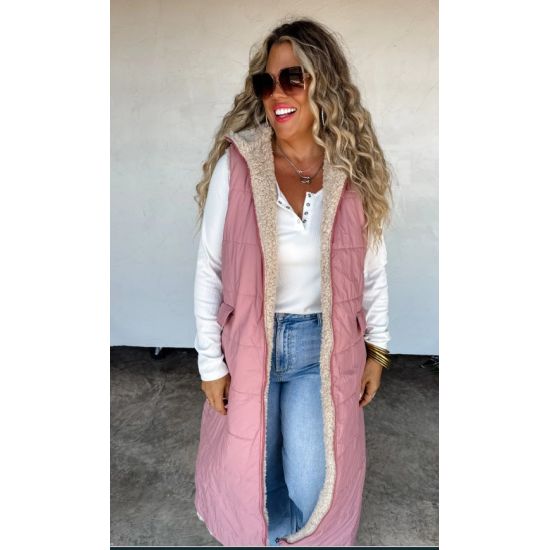Mauve Reversible Sherpa & Puffer Long Vest