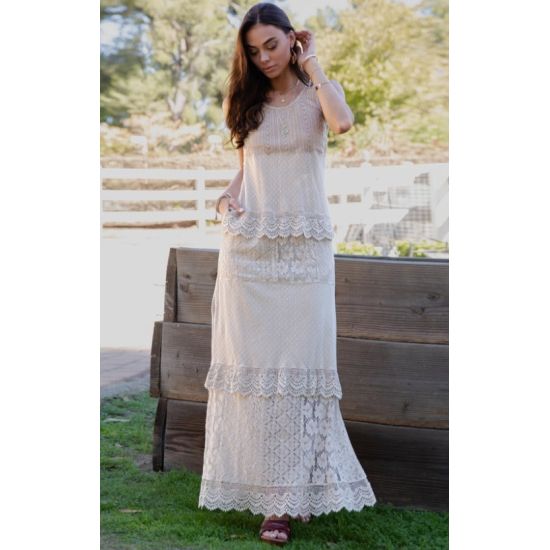 Desert Dream Ranch Lace Patchwork Maxi Dress – Western Boho Sleeveless Gown