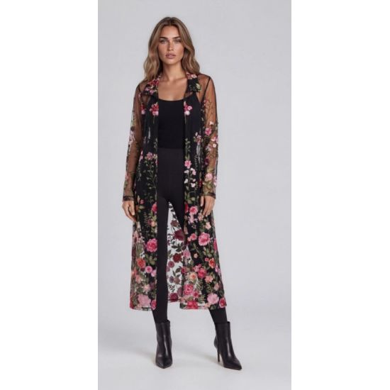 Midnight Bloom Embroidered Mesh Duster Jacket