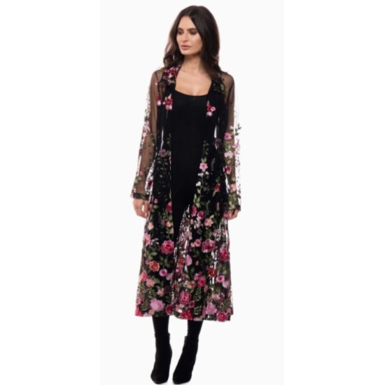 Midnight Bloom Embroidered Mesh Duster Jacket