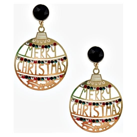 Gold Metal Merry Christmas Ornament Earrings - Rhinestone Gal