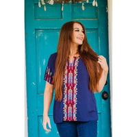 Navy Multi-Color Embroidered Top