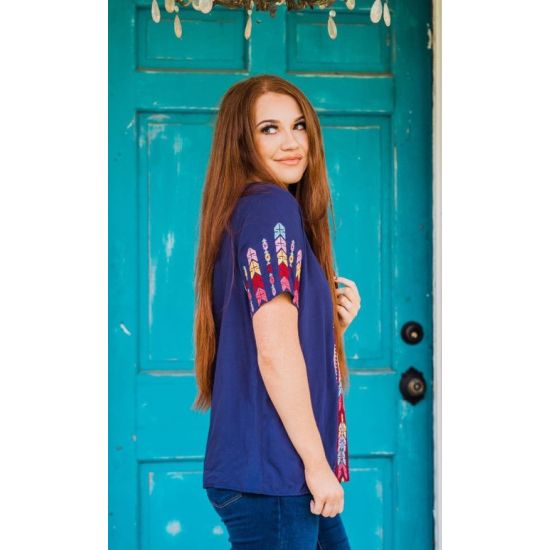 Navy Multi-Color Embroidered Top