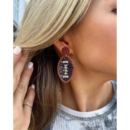 Mini Brown Football Sequin and Seed Bead Earrings