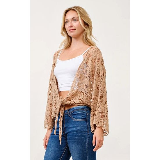 Mocha Floral Crochet Front Tie Up Kimono