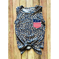 Girl‘s Leopard Tank Top with Patriotic Chest Pocket - Rhinestone Gal