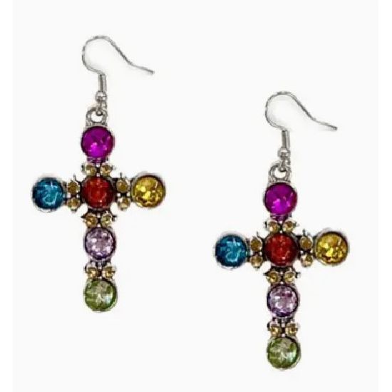 Multi Crystal Cross Drop Earrings