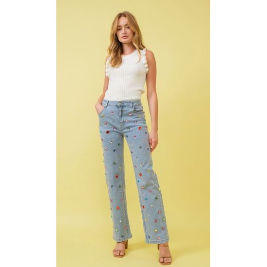 Multi Color Rhinestone Stretch Jeans