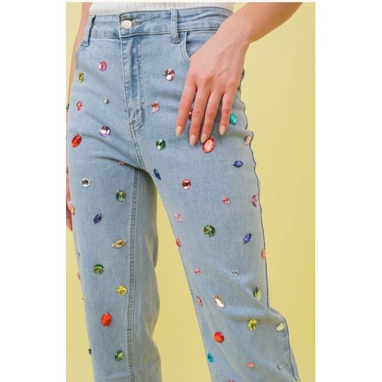 Multi Color Rhinestone Stretch Jeans